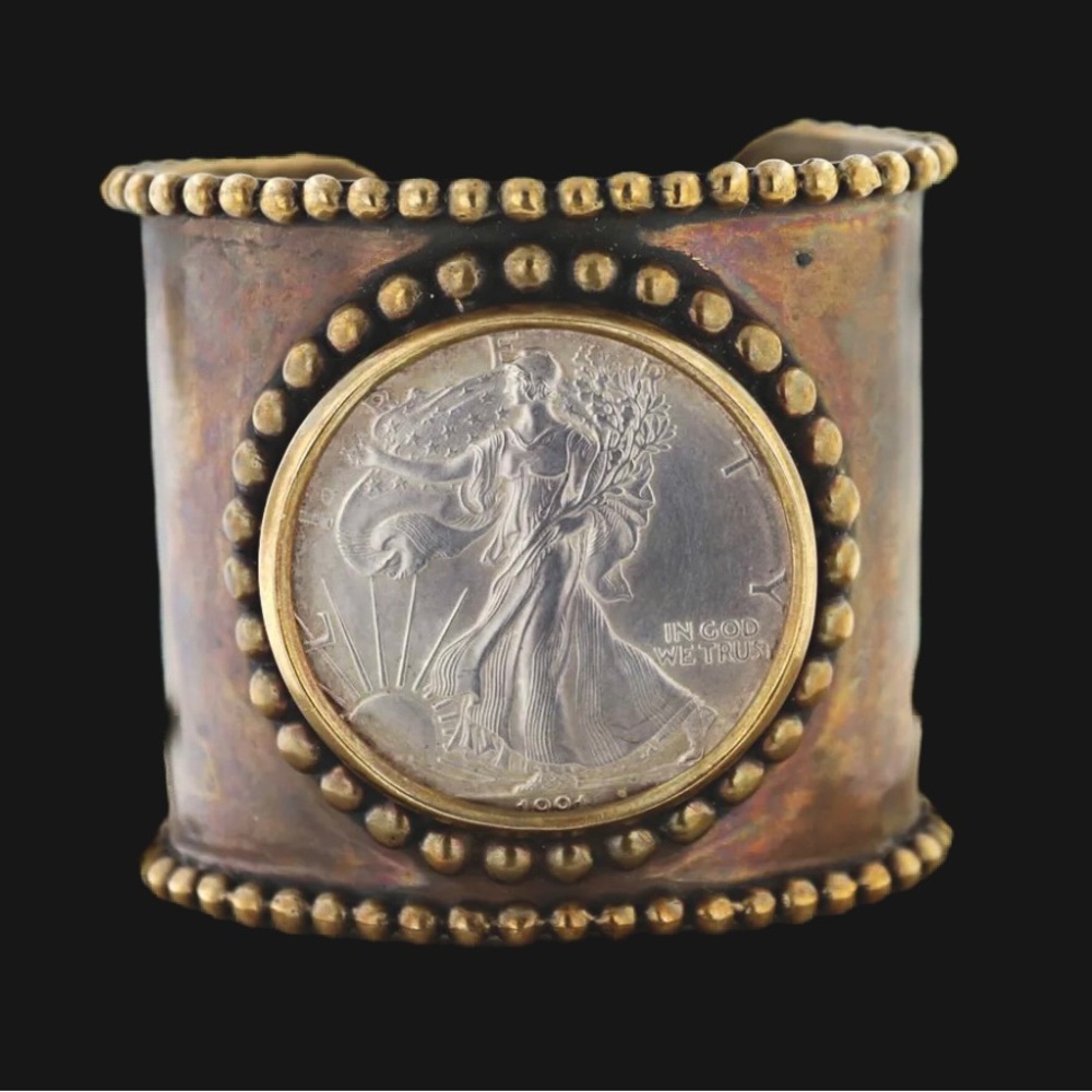 Vintage Stephen Dweck Walking Liberty Silver Eagle Dollar Coin Cuff Bracelet